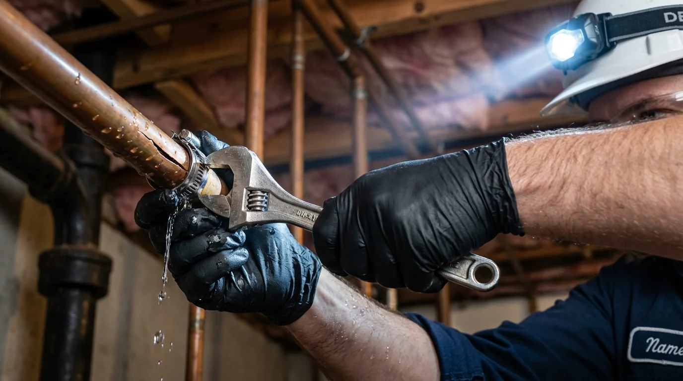 Emergency pipe clamp repair being performed by a Johns Plumbing LLC plumber in Blanco