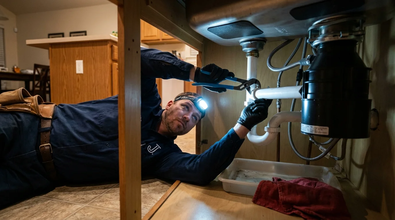P-trap and supply line connections under a kitchen sink showing a common leak point in Blanco, TX